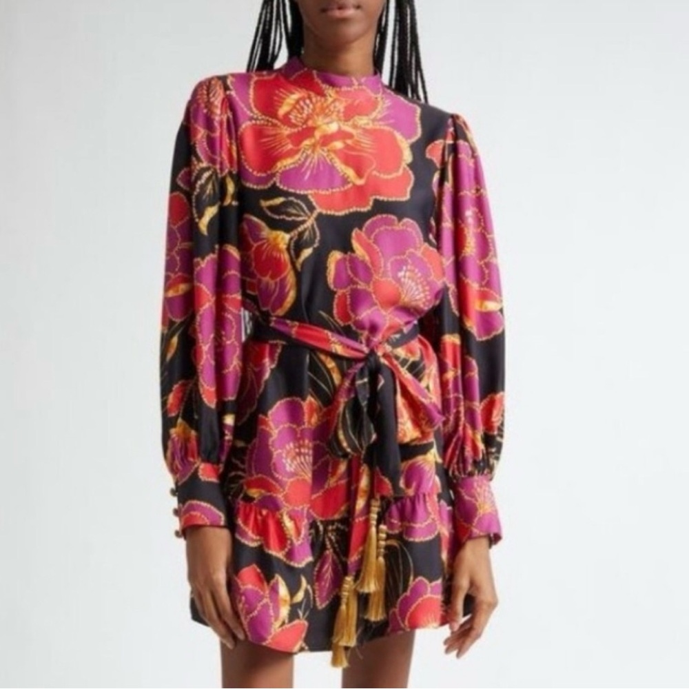 Farm Rio Floral Long-Sleeve Mini Dress